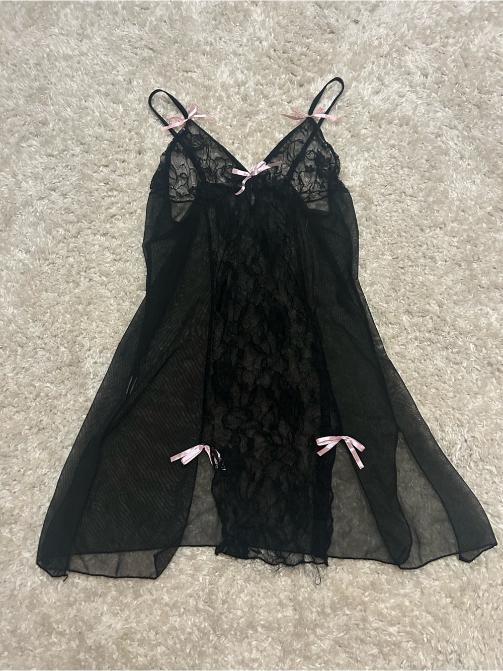 vintage black lace babydoll slip top with pink bows size l 🎀